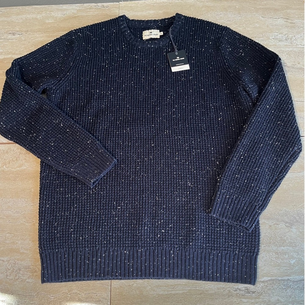 The Normal Brand Nep Crew Sweater Mens 2XL Navy Seawool Waffle Knit Flecked